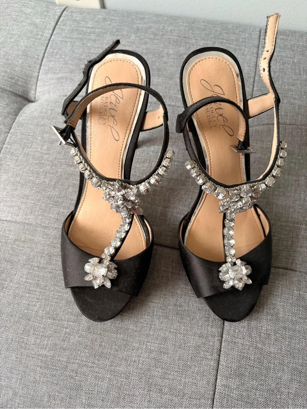 Black T-Strap Crystal Embellished Women's Heels